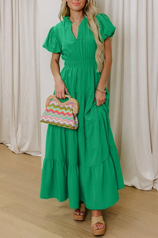 Green tiered maxi dress with puff sleeves