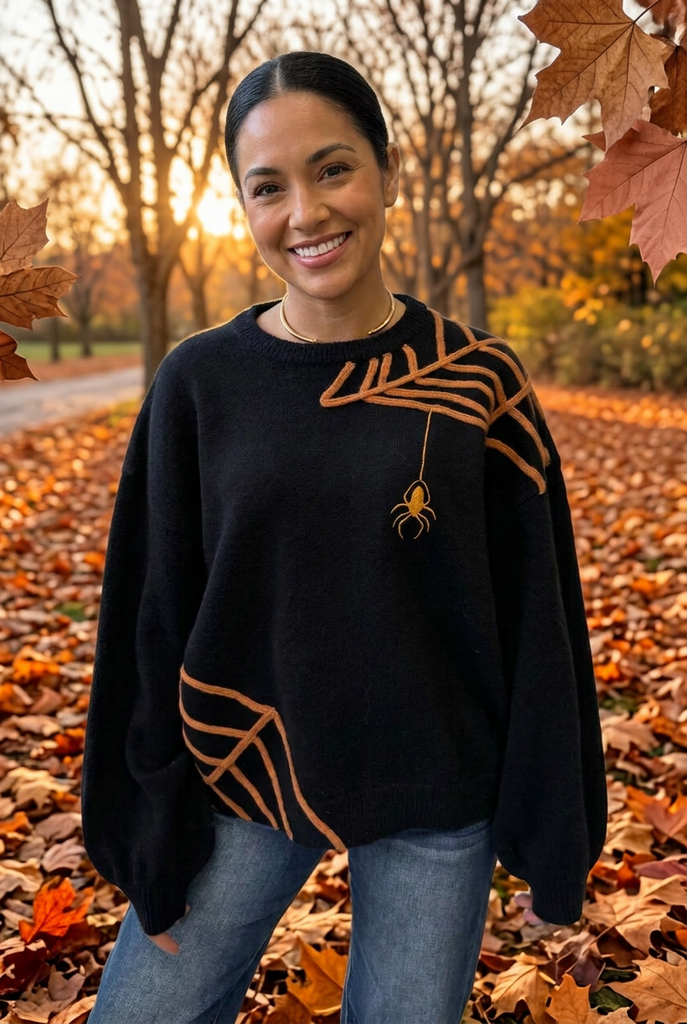 Black knit sweater with embroidered orange spider and web. 