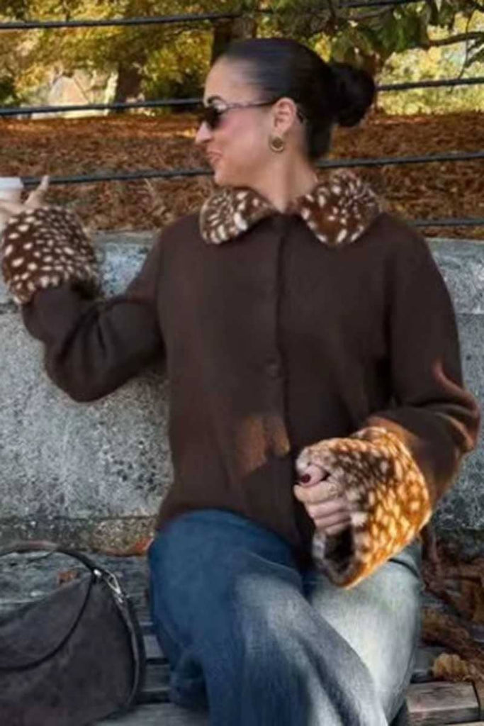 Deer Print Faux Fur Collar Button Front Cardigan