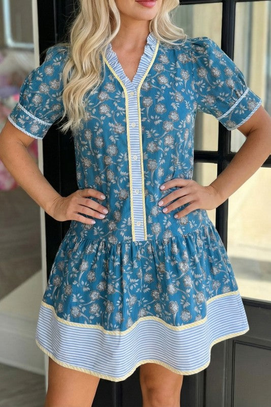 Bella Blue Floral Mixed Print Dress