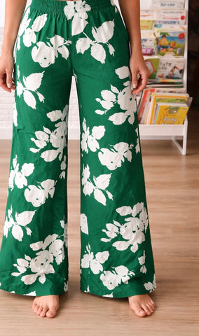 Green/ White Floral Wide Leg Pants