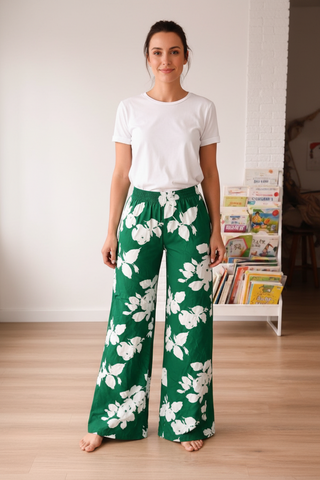 Green and white print wide leg pants
