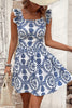 Front view of blue and white mini dress 