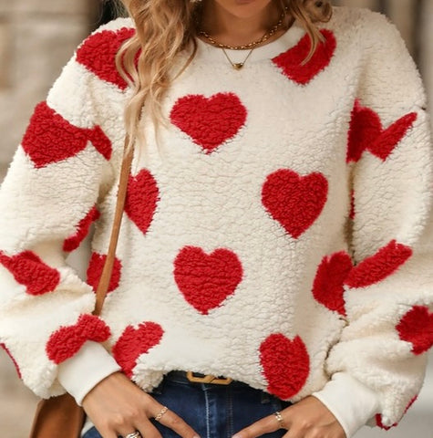Red heart fleece pullover front view