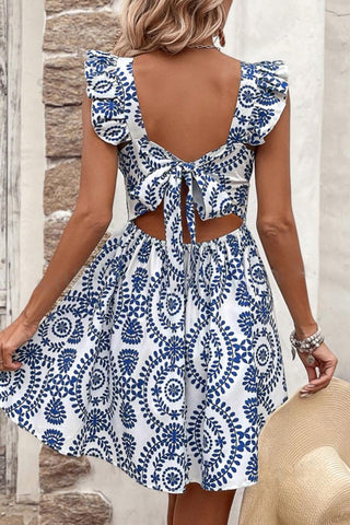 Back view of blue and white mini dress