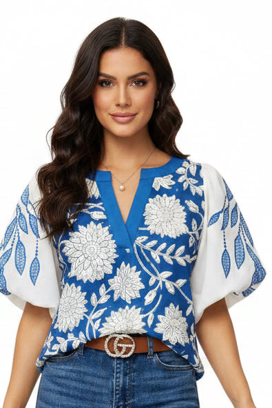 Boho Blue & White Floral Print Puff Sleeve V-Neck Blouse