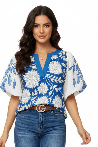 Boho Blue & White Floral Print Puff Sleeve V-Neck Blouse