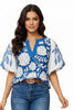 Boho Blue & White Floral Print Puff Sleeve V-Neck Blouse
