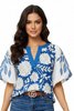 Boho Blue & White Floral Print Puff Sleeve V-Neck Blouse